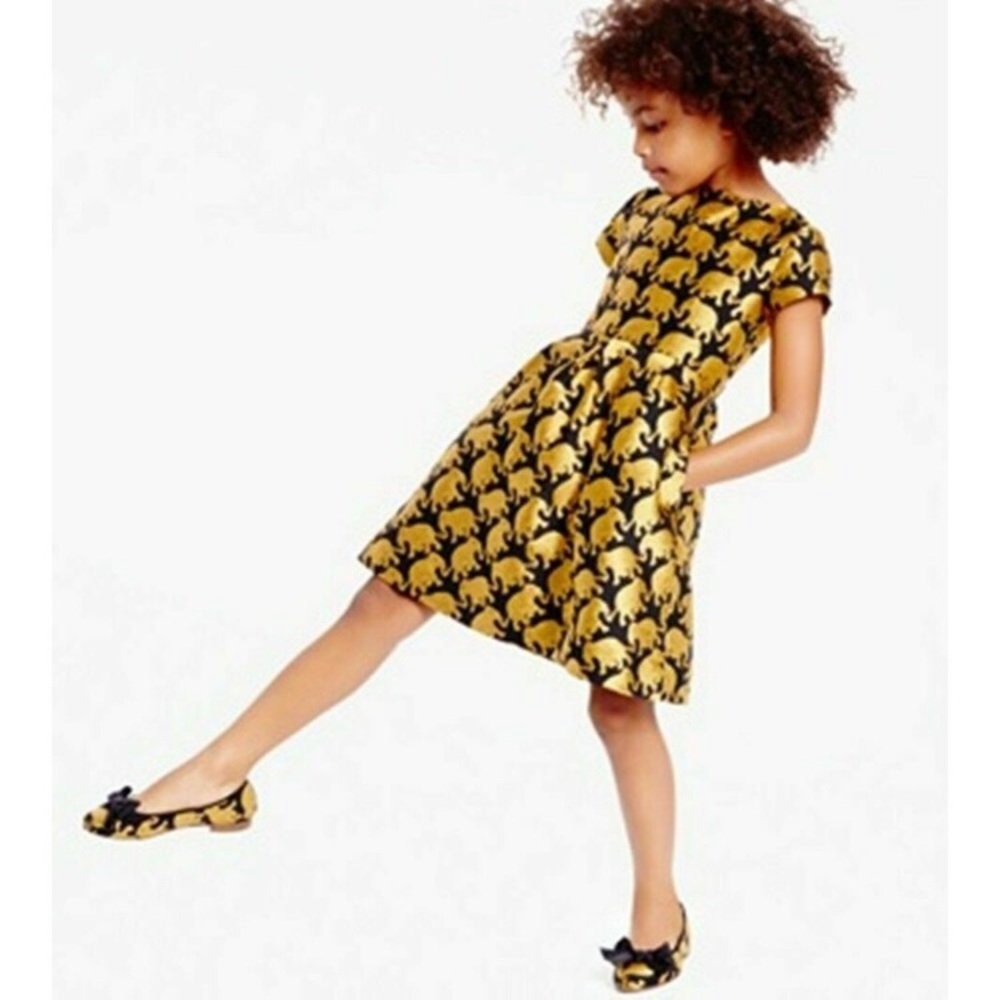 Crewcuts Dress Brocade Gold Black Elephants